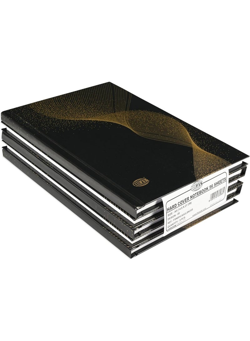 FIS® Notebook Hard Cover, A5 Size(14.8x21cm), 2 Quire, 192 Pages, 96 Sheets, Single Line Ruling, Golden/Black, Packet of 5 Pieces, Design 5-FSNBHCA5GLBKD05 - Image 1
